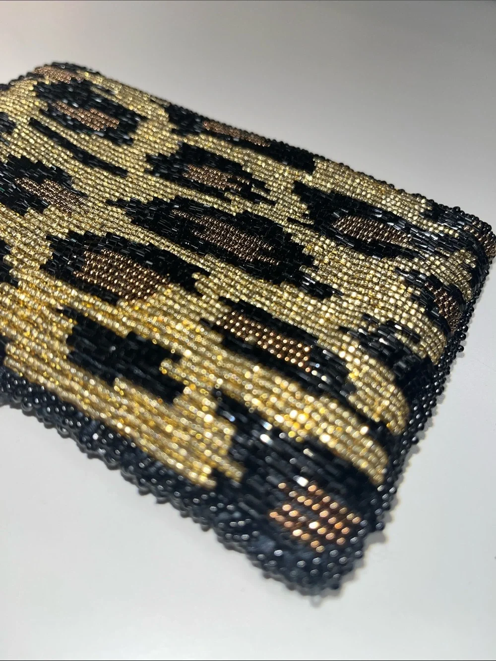 Source Unknown Gold, Black & Brown Beaded Leopard Clutch Evening Bag